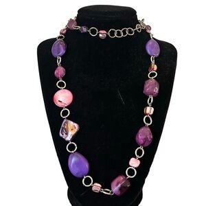 Purple Silver Beaded Long Necklace